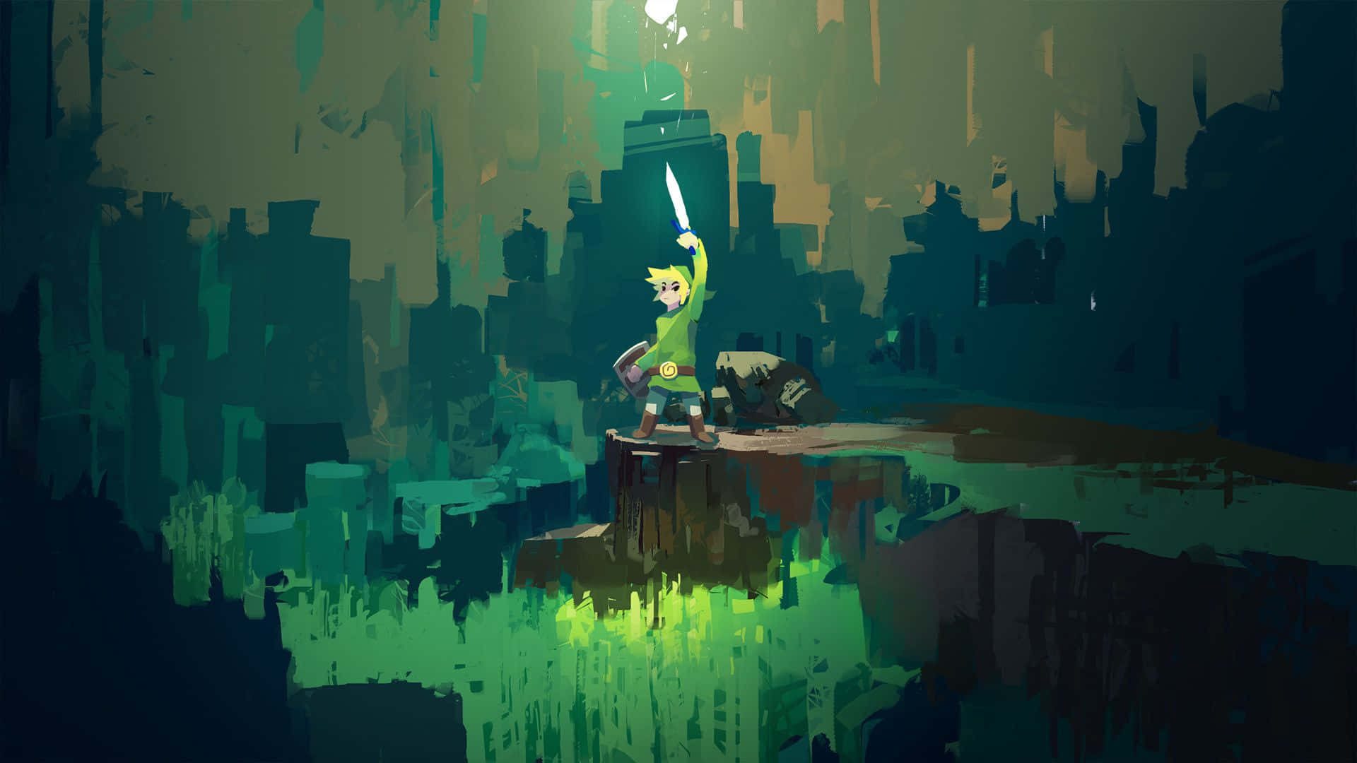 Линк, младият протагонист от The Legend of Zelda, с Трифорса в ръка. Тапет