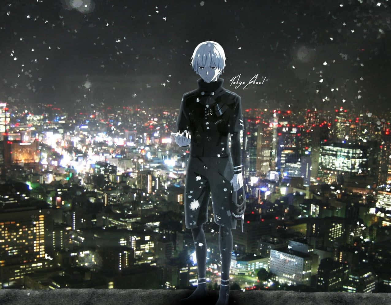 Кен Канеки на ръба на сградата в Токио – аниме Tokyo Ghoul Тапет