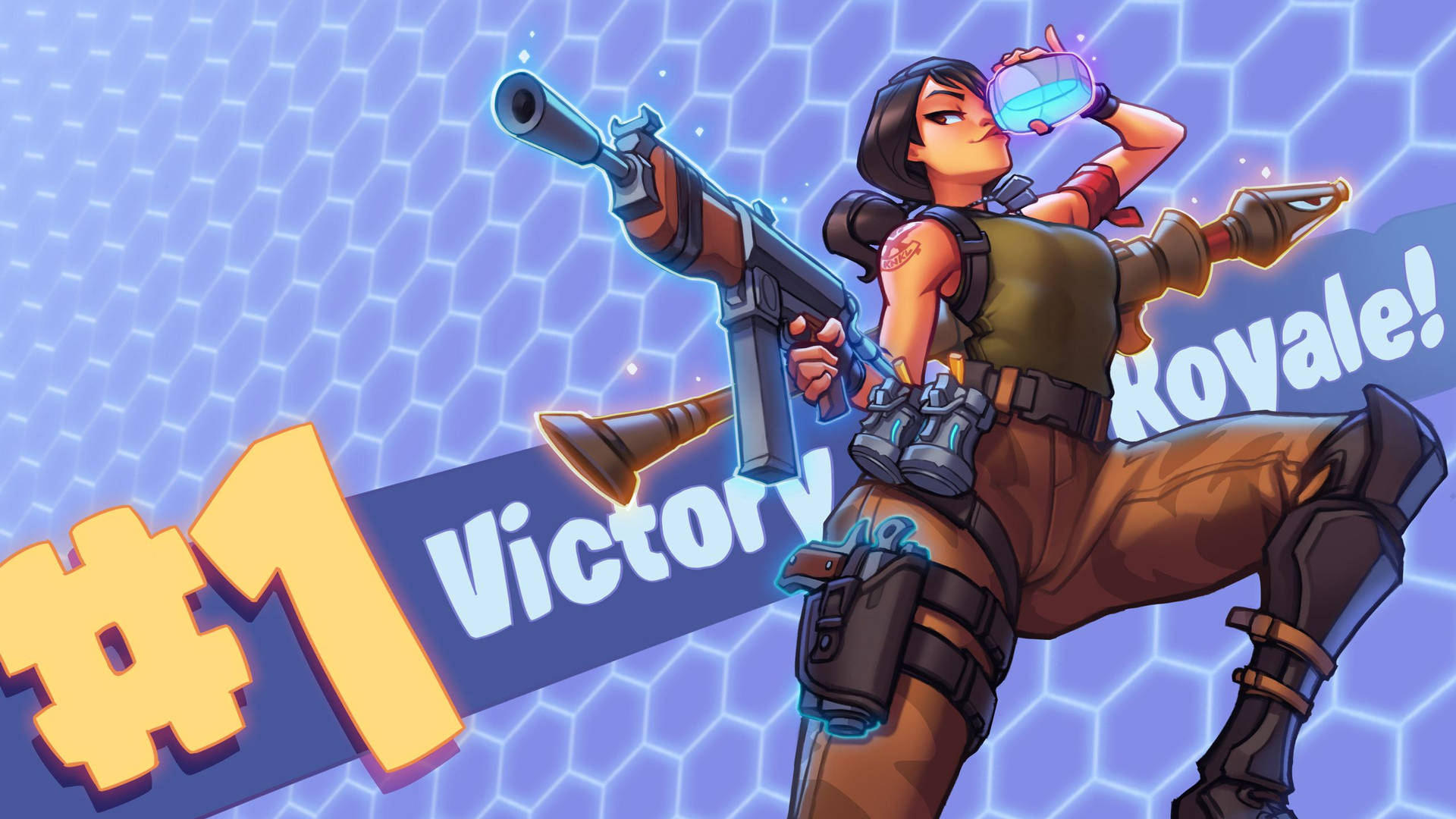 Женски герой от Fortnite, държащ оръжие и пиещ щитова отвара, тапет.