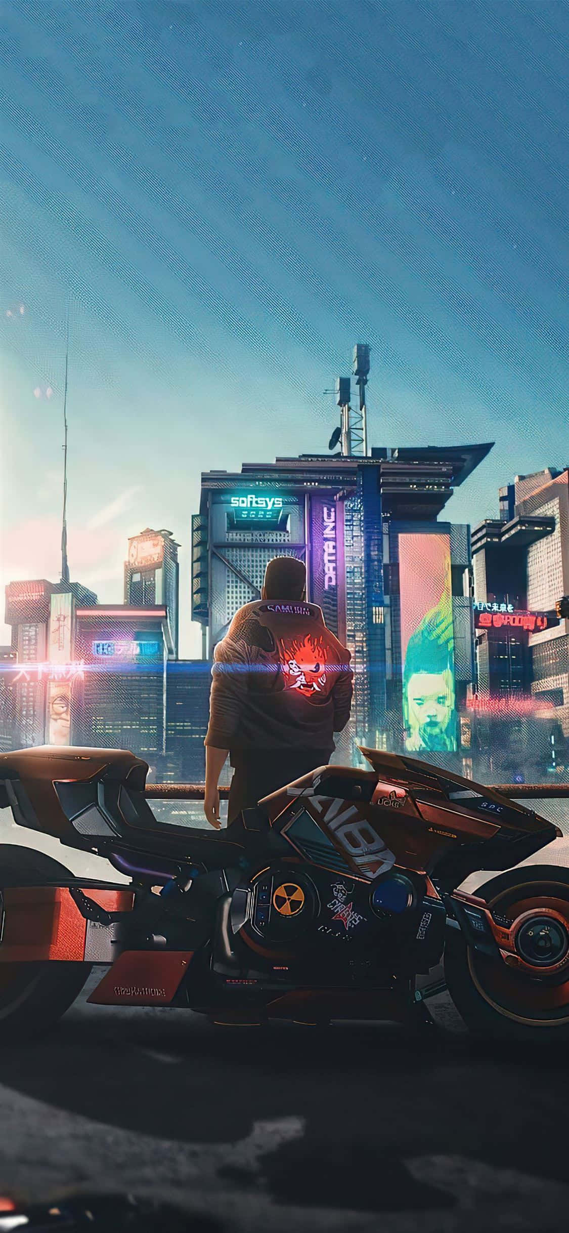 Айфон X Cyberpunk 2077 фон мъж с мотоциклет Тапет
