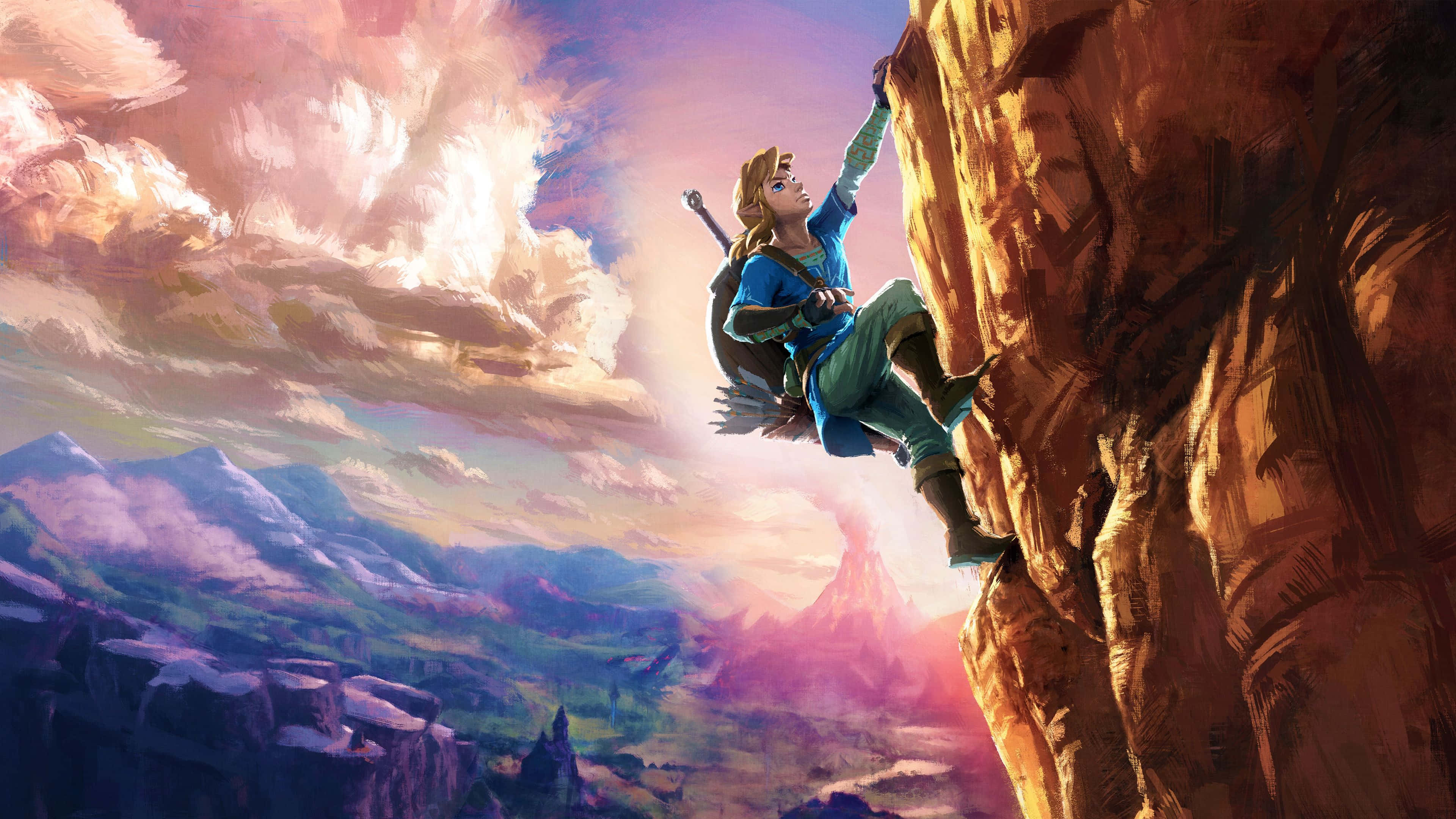 Линк се изкачва по планина в Zelda Botw Тапет