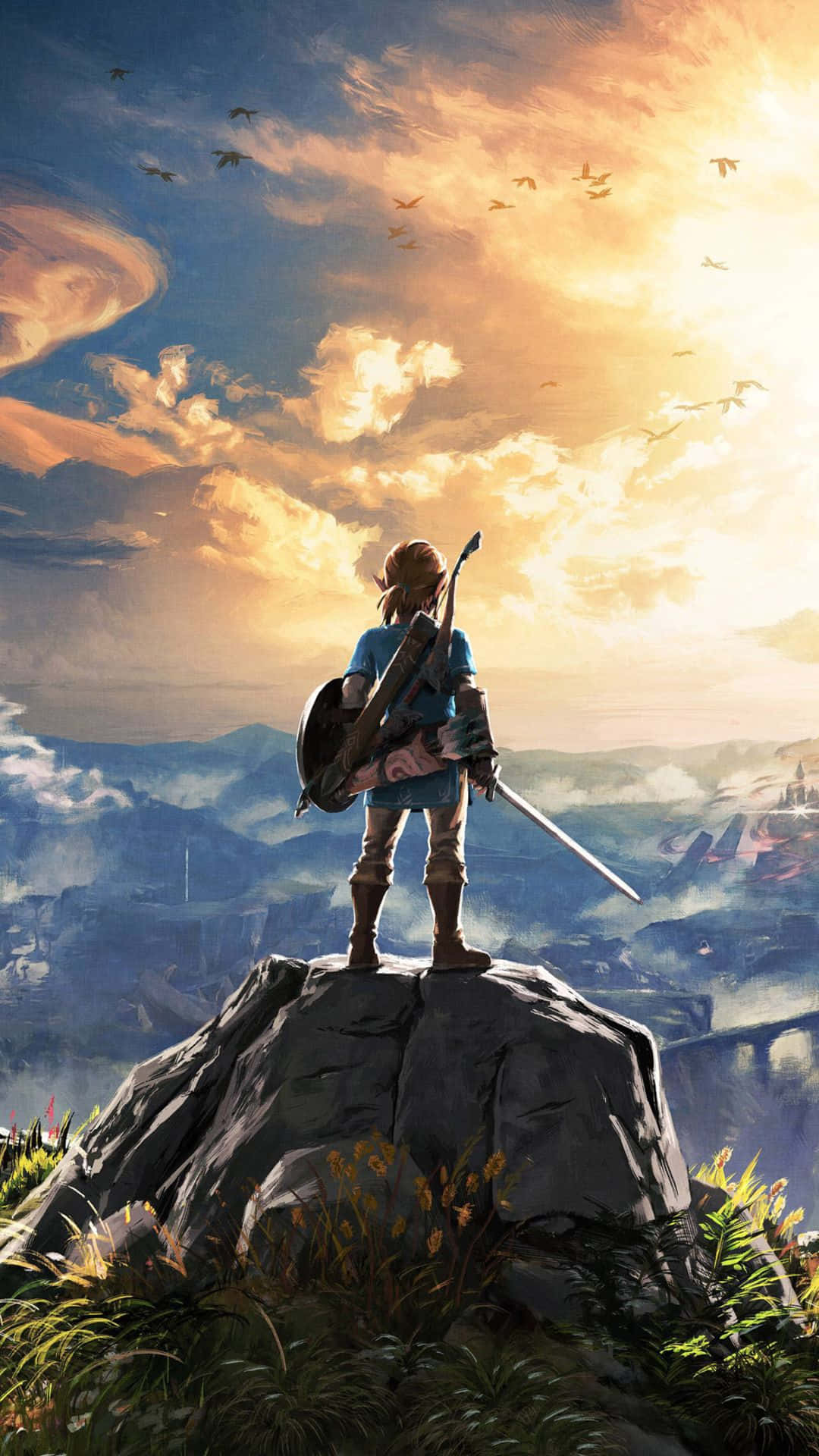 Линк стои на скала в Zelda Botw Тапет