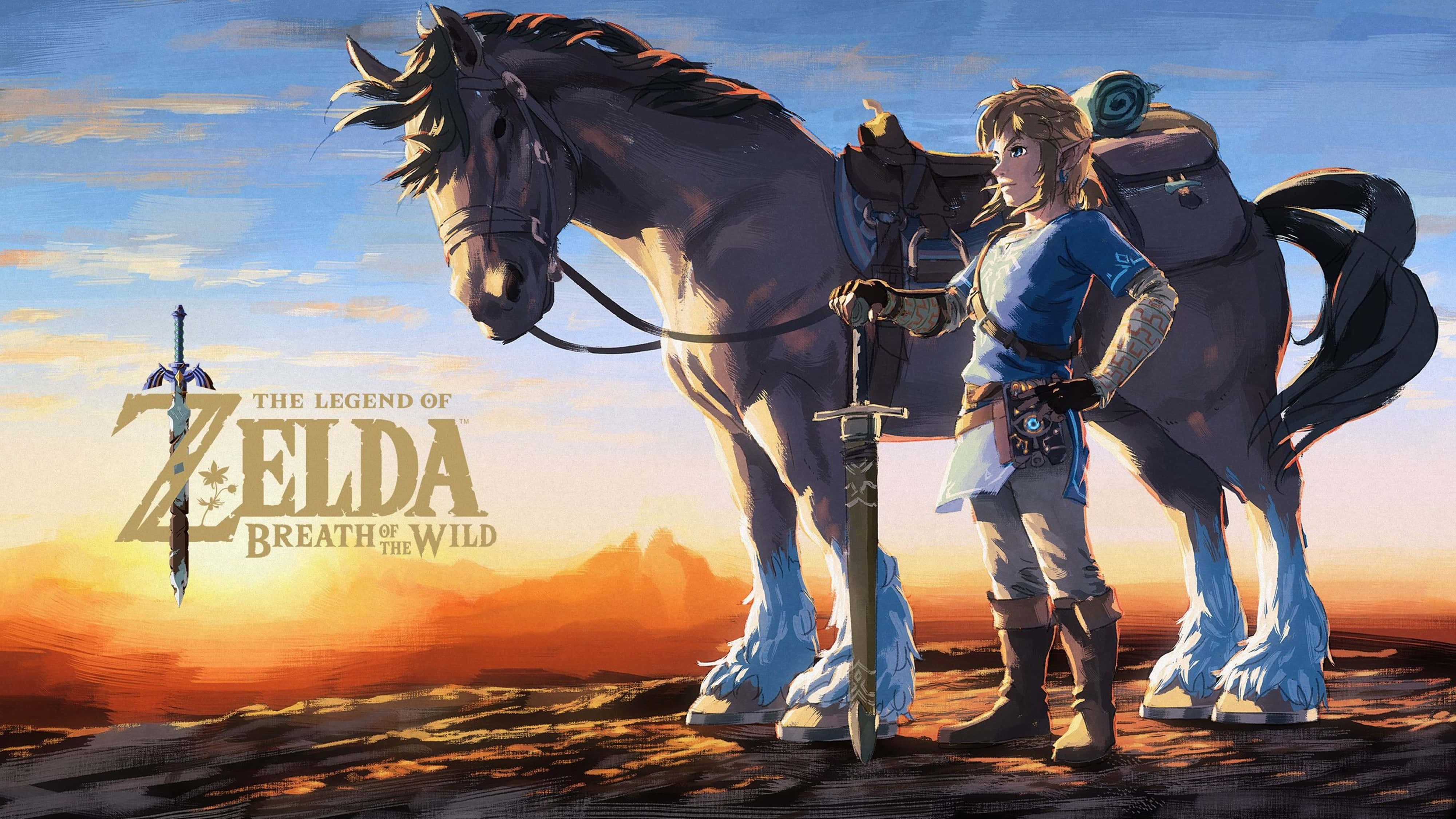 Zelda Breath Of The Wild 4K Линк с кон Тапет