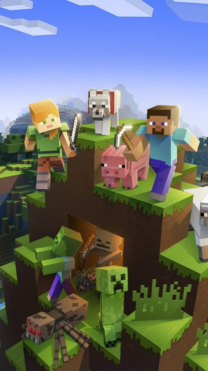Алекс и Стив с животински мобове Minecraft iPhone Тапет