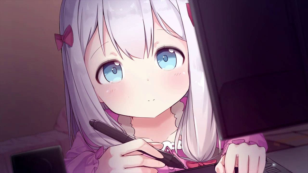 Сладко аниме момиче, Izumi Sagiri, пишещо нещо, докато гледа лаптоп тапет
