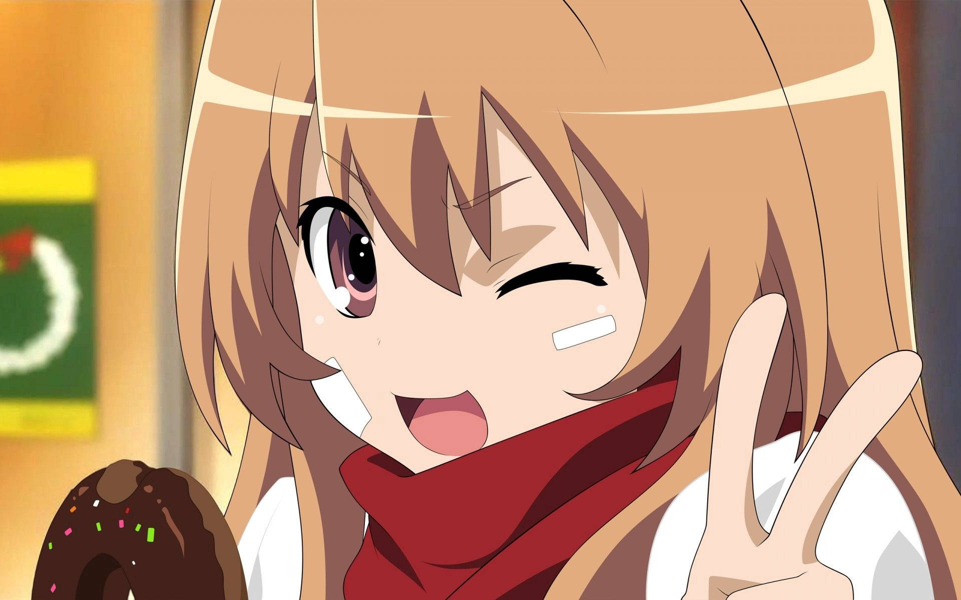 Тайга Айсака от Toradora селфи с мир знак тапет