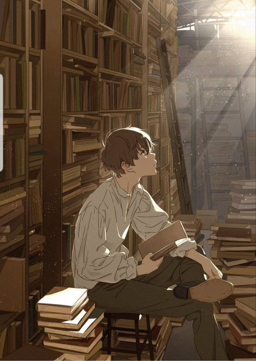 Аниме момче върху купчина книги Тапет