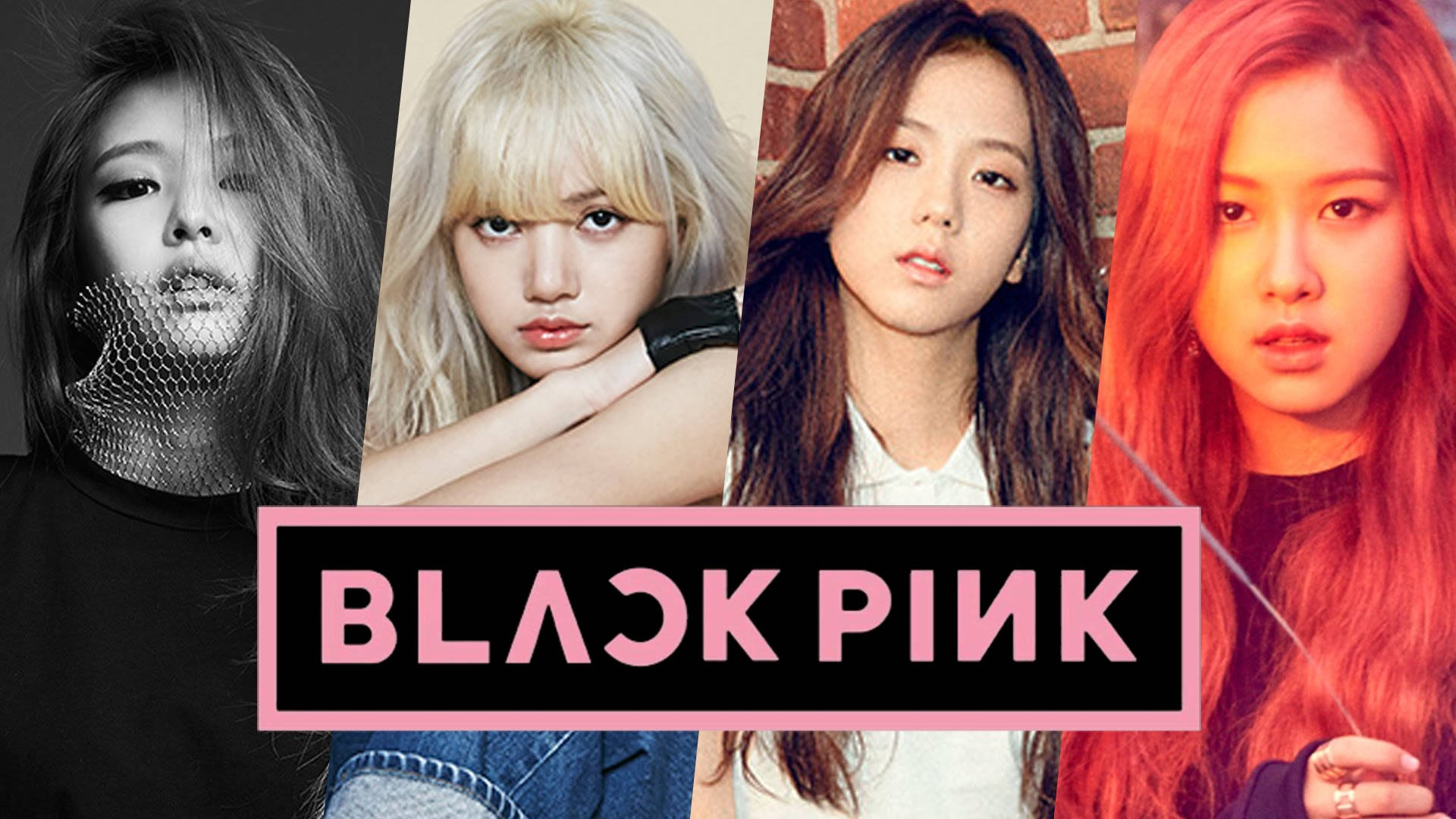 Членове на Blackpink в банери с логото на групата тапет