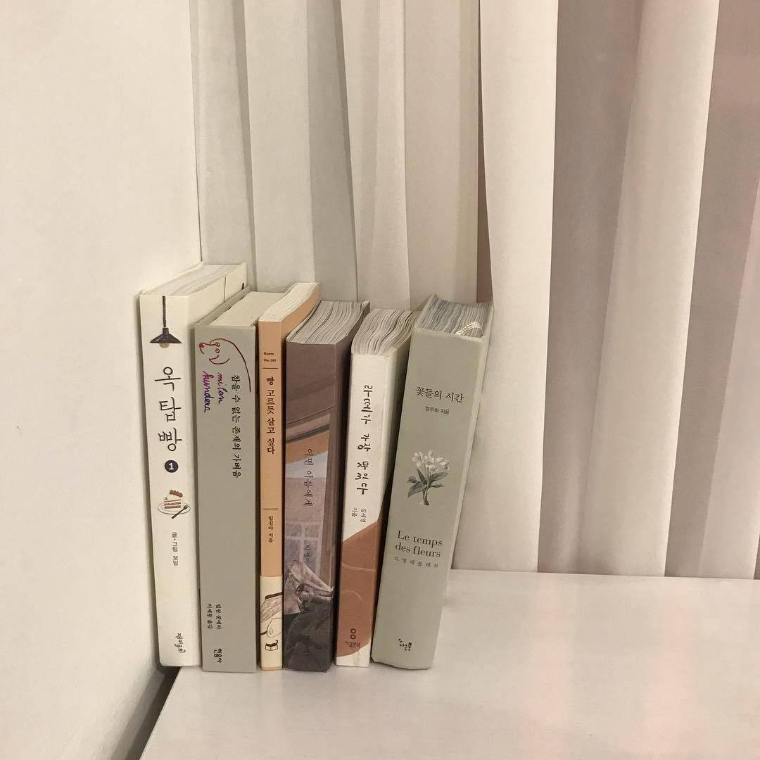 Бежов естетичен тапет с корейски книги