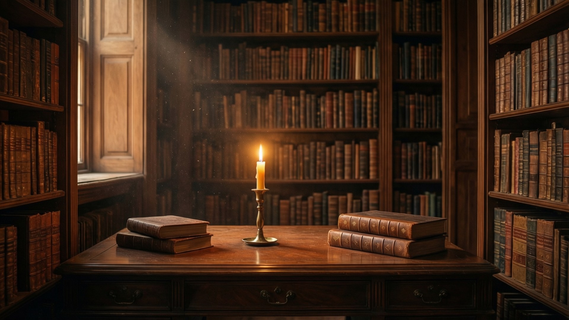 Уютна сцена в стил тъмна академия с библиотека, свещи и стари книги.