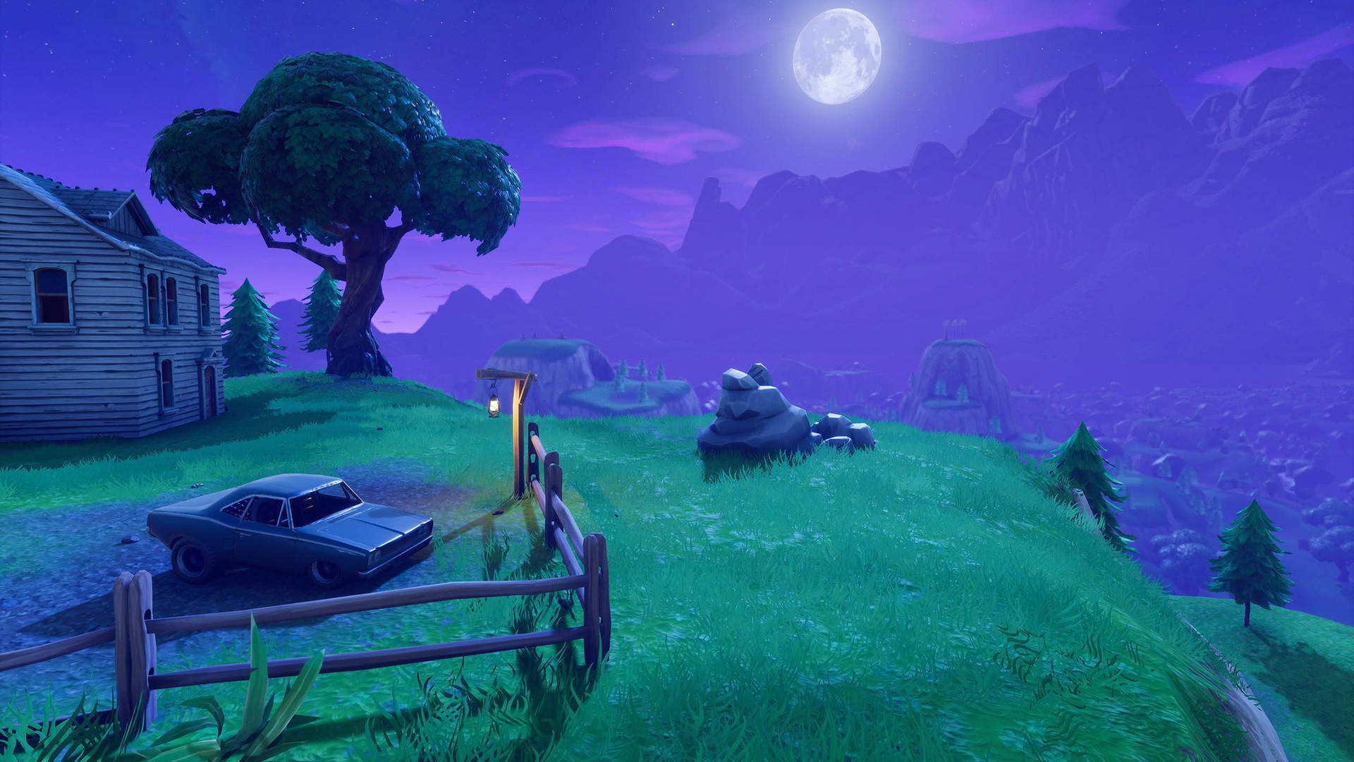 Нощен и спокоен изглед с пълна луна във Fortnite HD тапет.