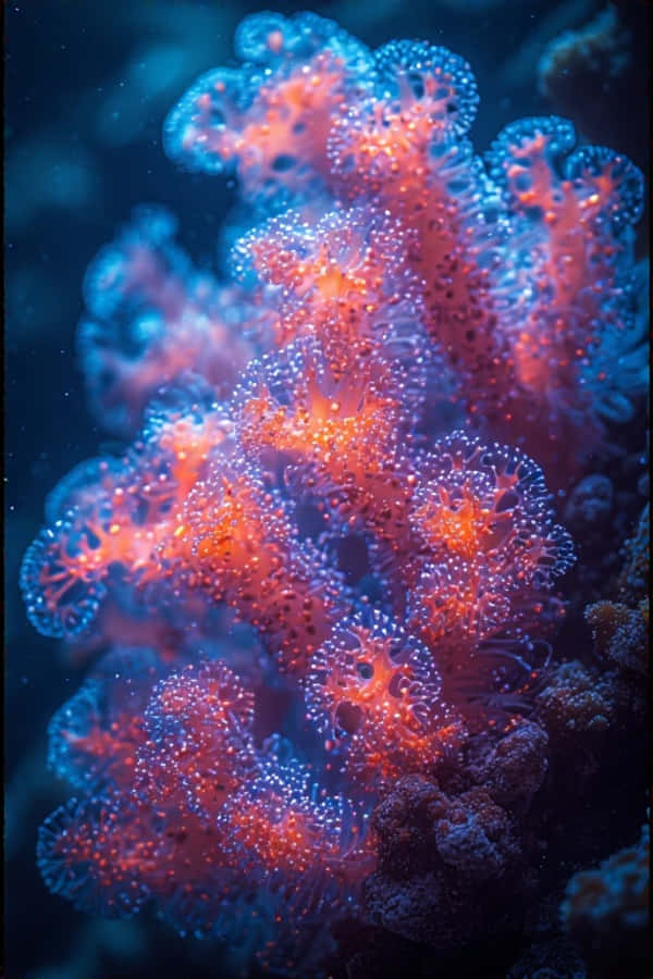 Близък план на неонови коралови полипи – 8K макро под вода Тапет
