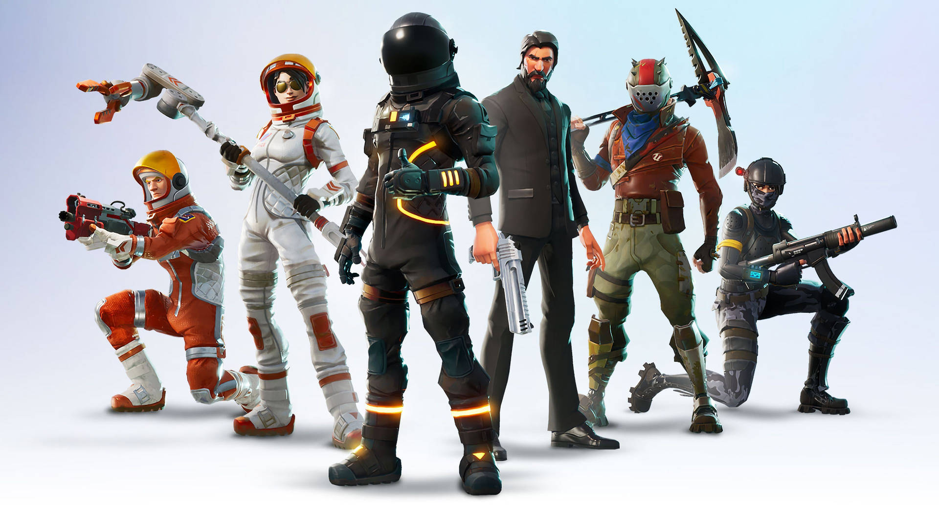 Шест готини героя с филмови кожи от играта Fortnite на бял фон HD тапет.