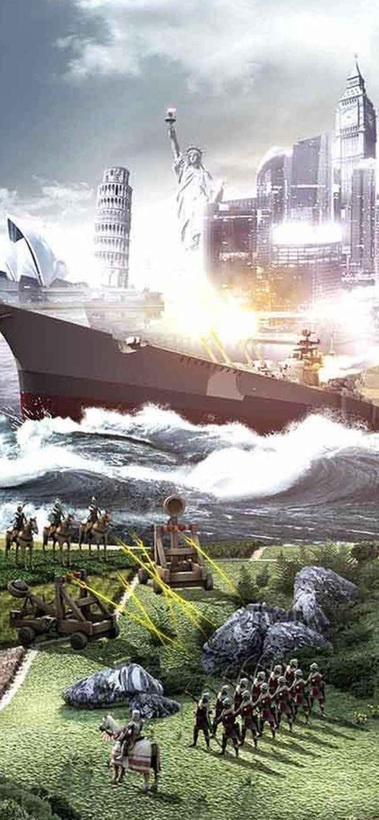 военен кораб е във вода с войници Тапет