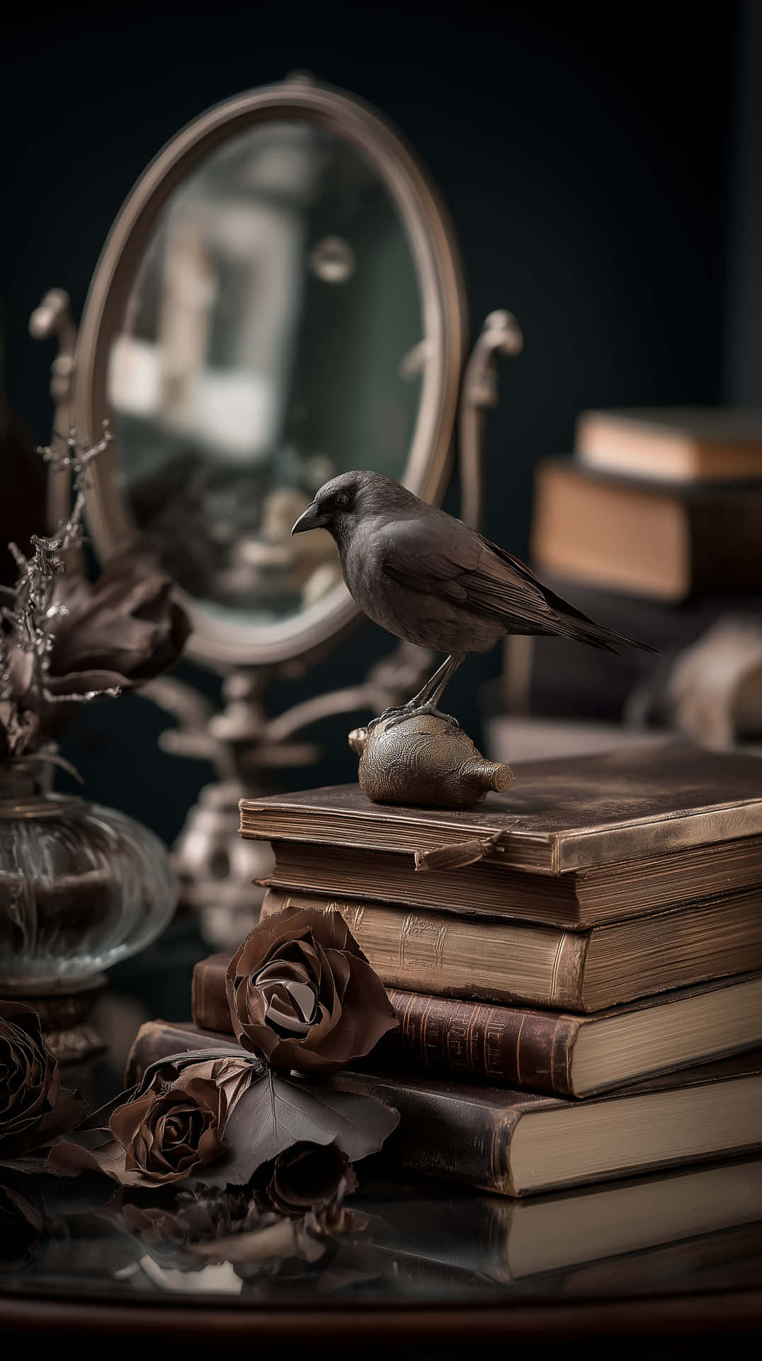 гарван, готически, книги, старинни, орнаменти, мистично, тъмна академия, фентъзи, птица, кабинет, омайващо, мрачно, натюрморт, антикварно, знание