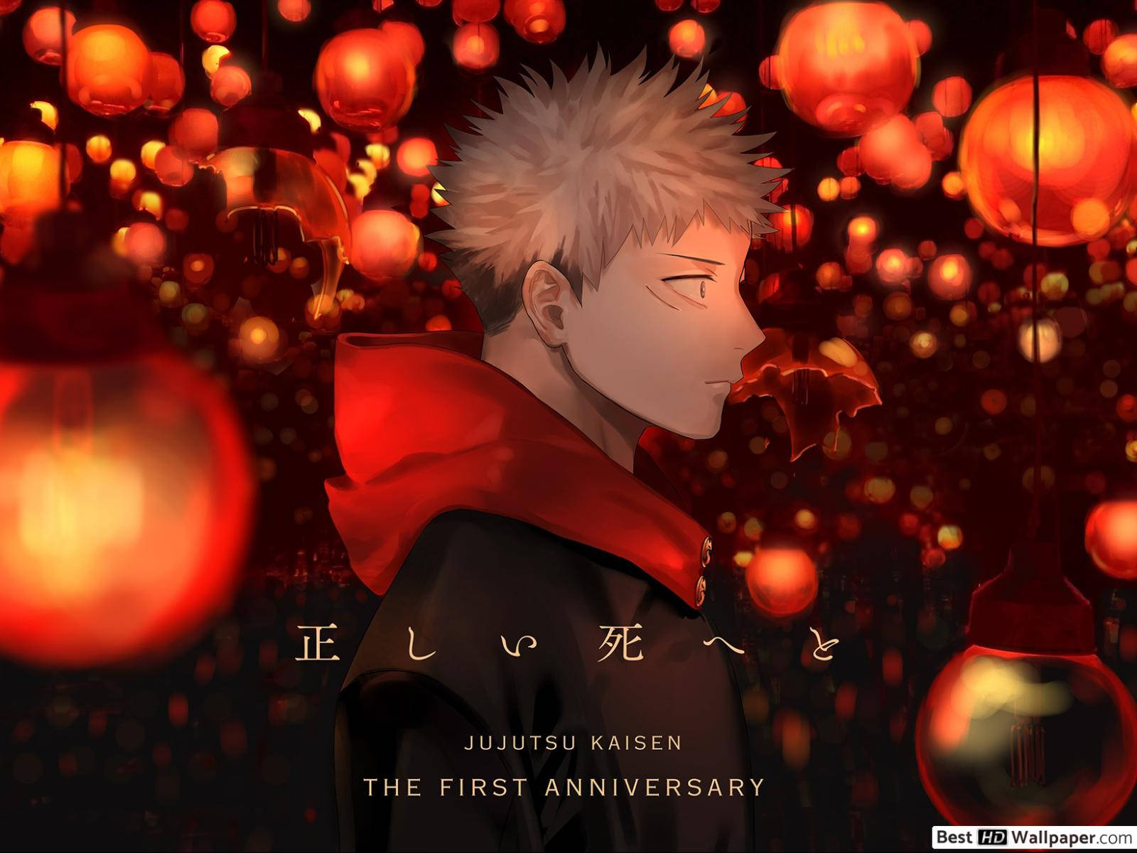 Тапет с Юджи Итадори и червени светлини от аниме Jujutsu Kaisen