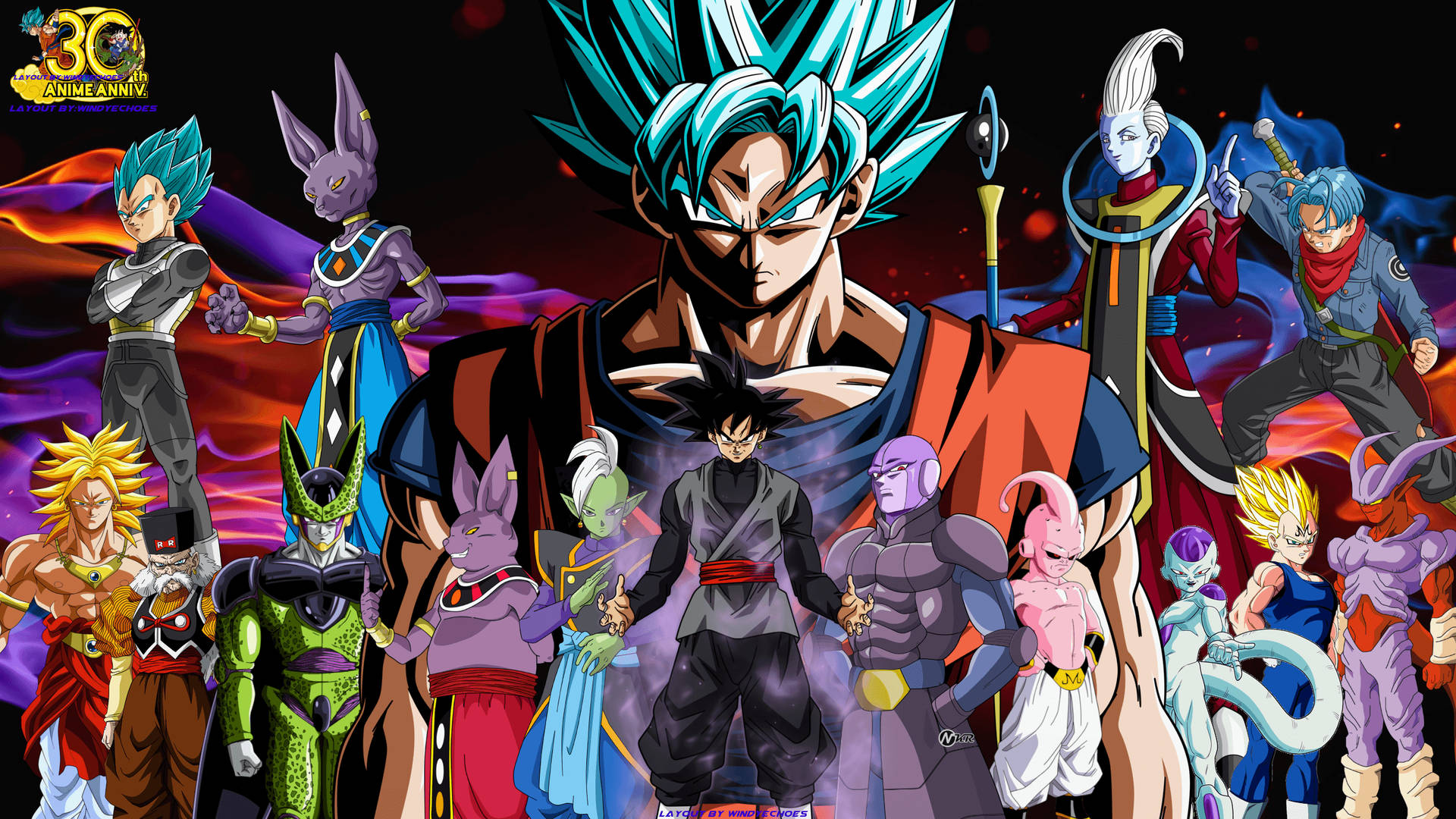 Dragon Ball Z герои със Сан Гоку, облечен в черен костюм, с Вегета и други супер сайяни в супер броули.