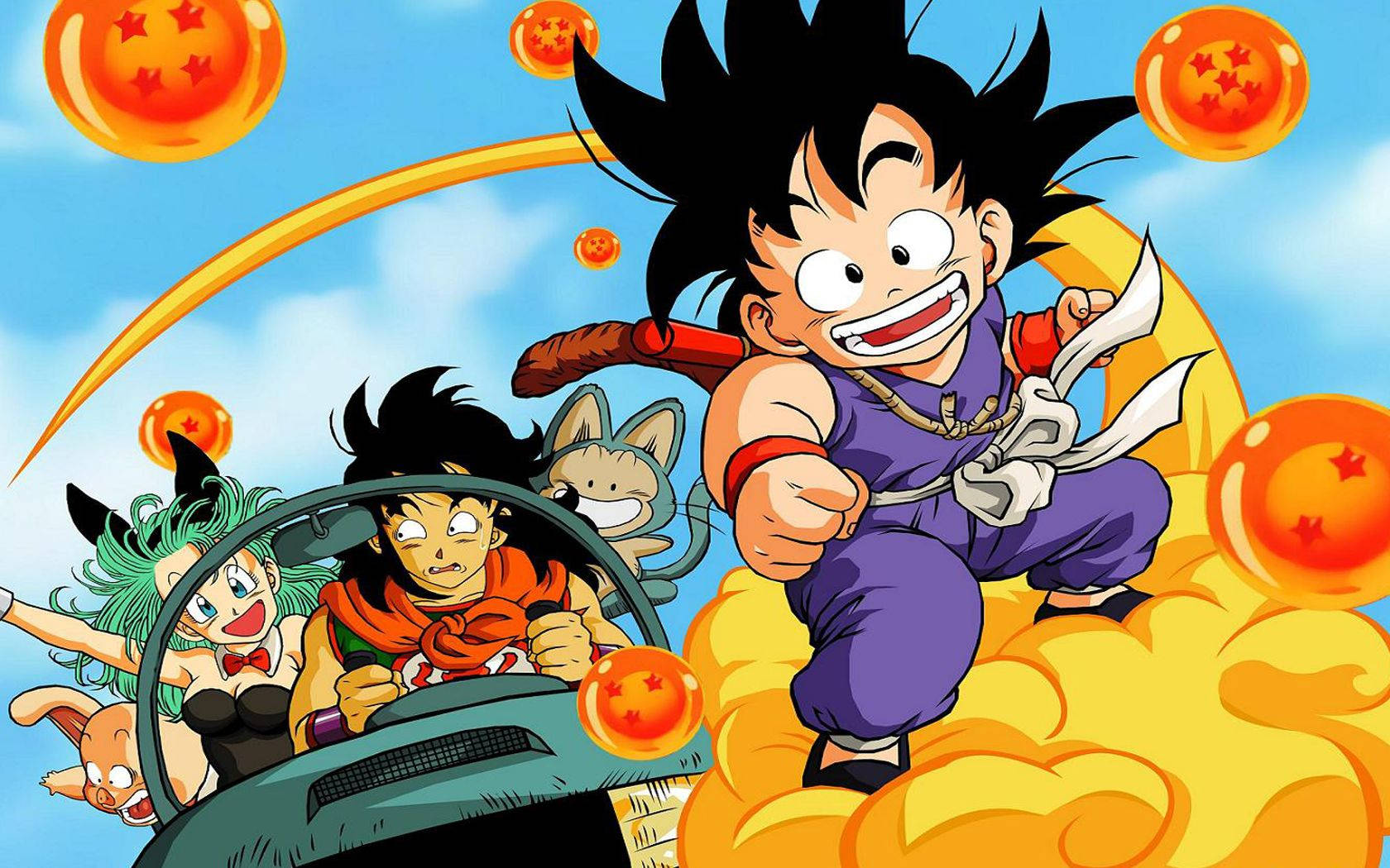 Dragon Ball Z Гохан с Марон и съпруга ѝ, каращи кола, докато малкият Гохан язди летящ облак.