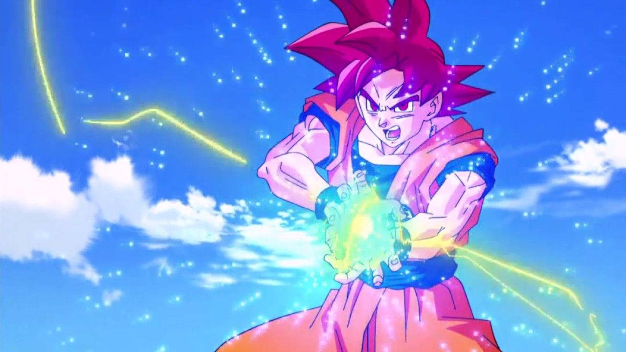 Dragon Ball Z Камехамеха вълна на Сан Гоку със син огнен балон, супер сайян аниме.