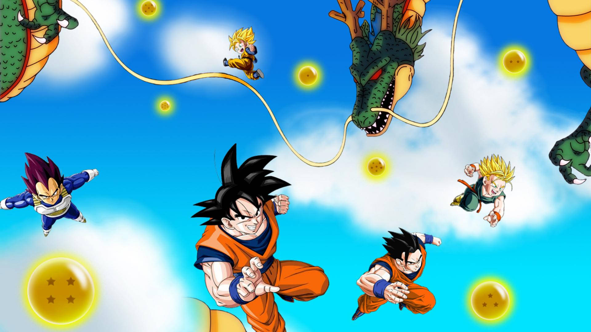 Dragon Ball Z super broly San Goku и Vegeta със зелен дракон Shenron, плаващ със сферите на дракона.