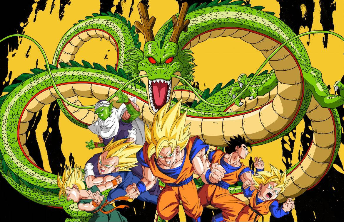 Dragon Ball Z Сан Гоку и други герои в режим супер сайян със Шенрон зеления дракон.