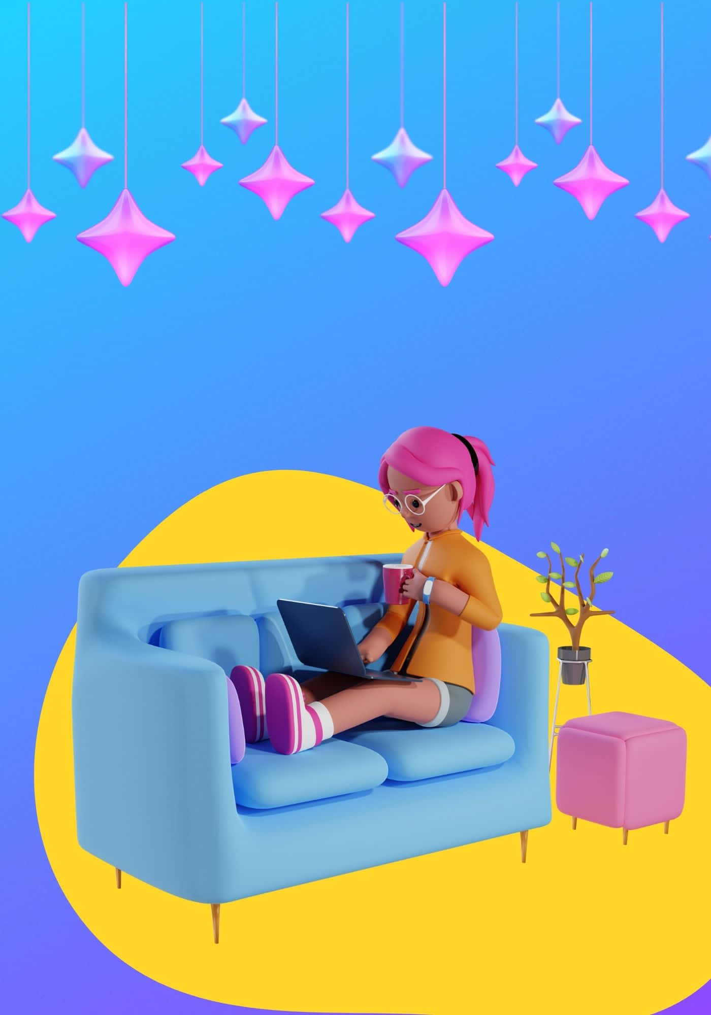 Готина 3D жена на син фон с диван Тапет