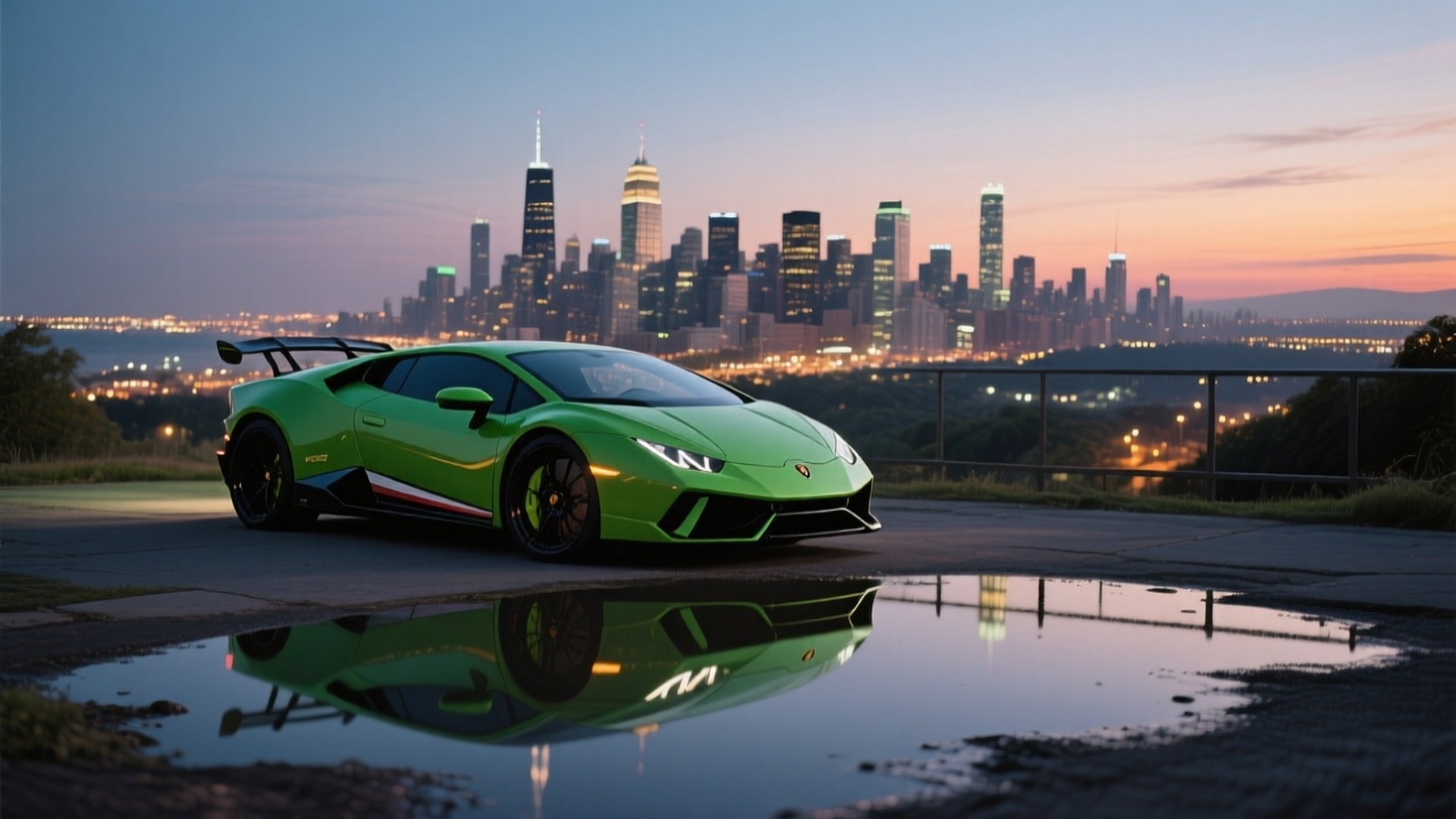 Зелен Lamborghini Huracán с изглед към града по здрач