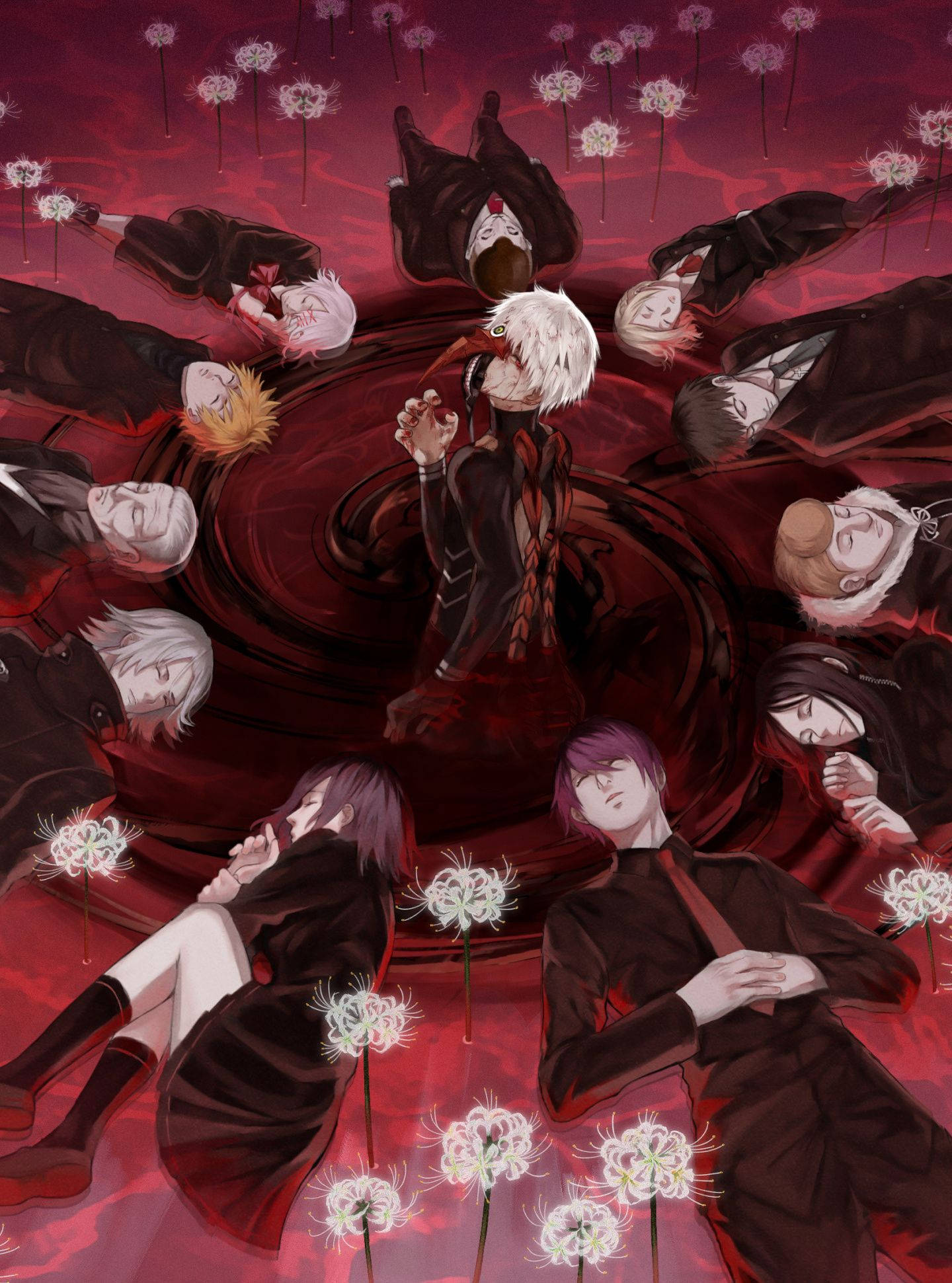 Графично изкуство на герои от Tokyo Ghoul в червено Тапет