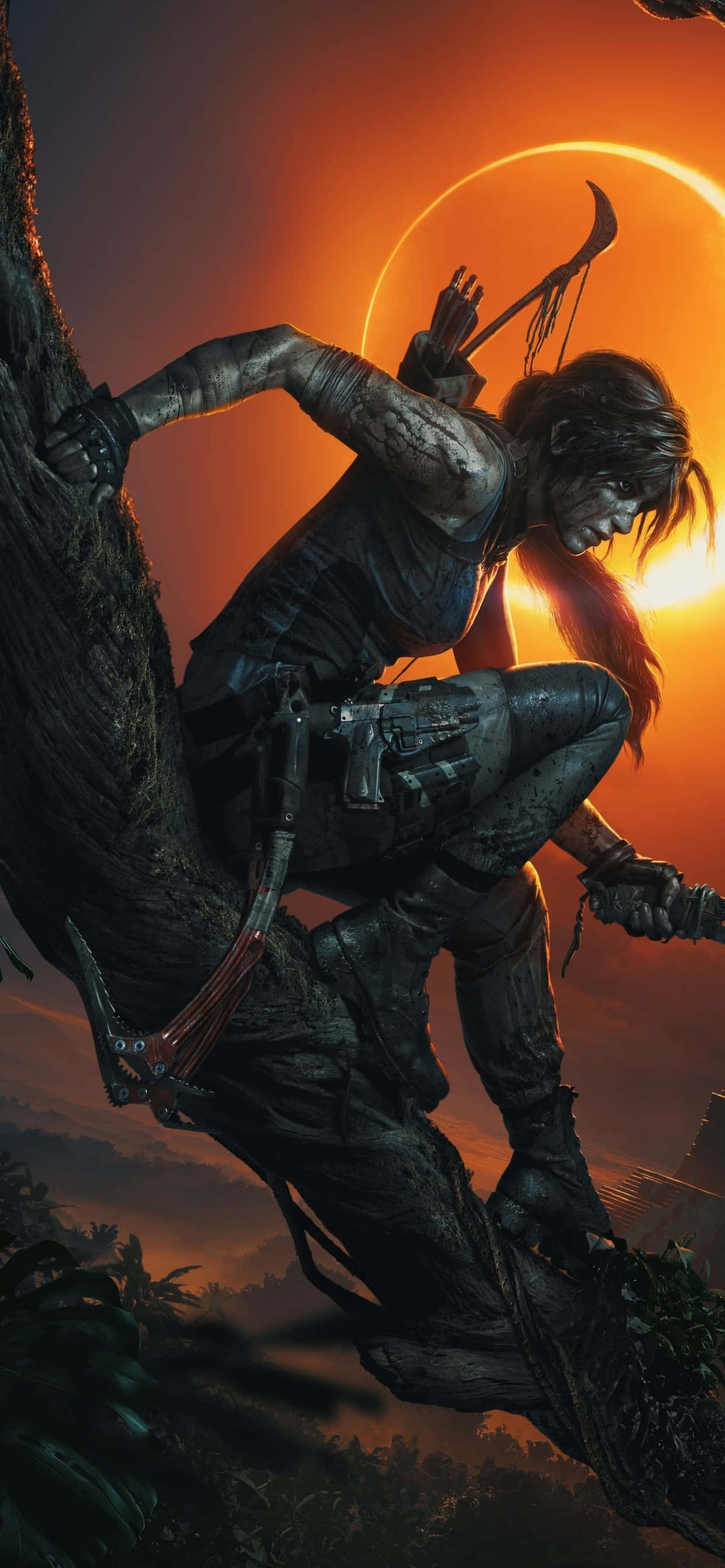 tomb raider е в гора слънце зад нея Тапет