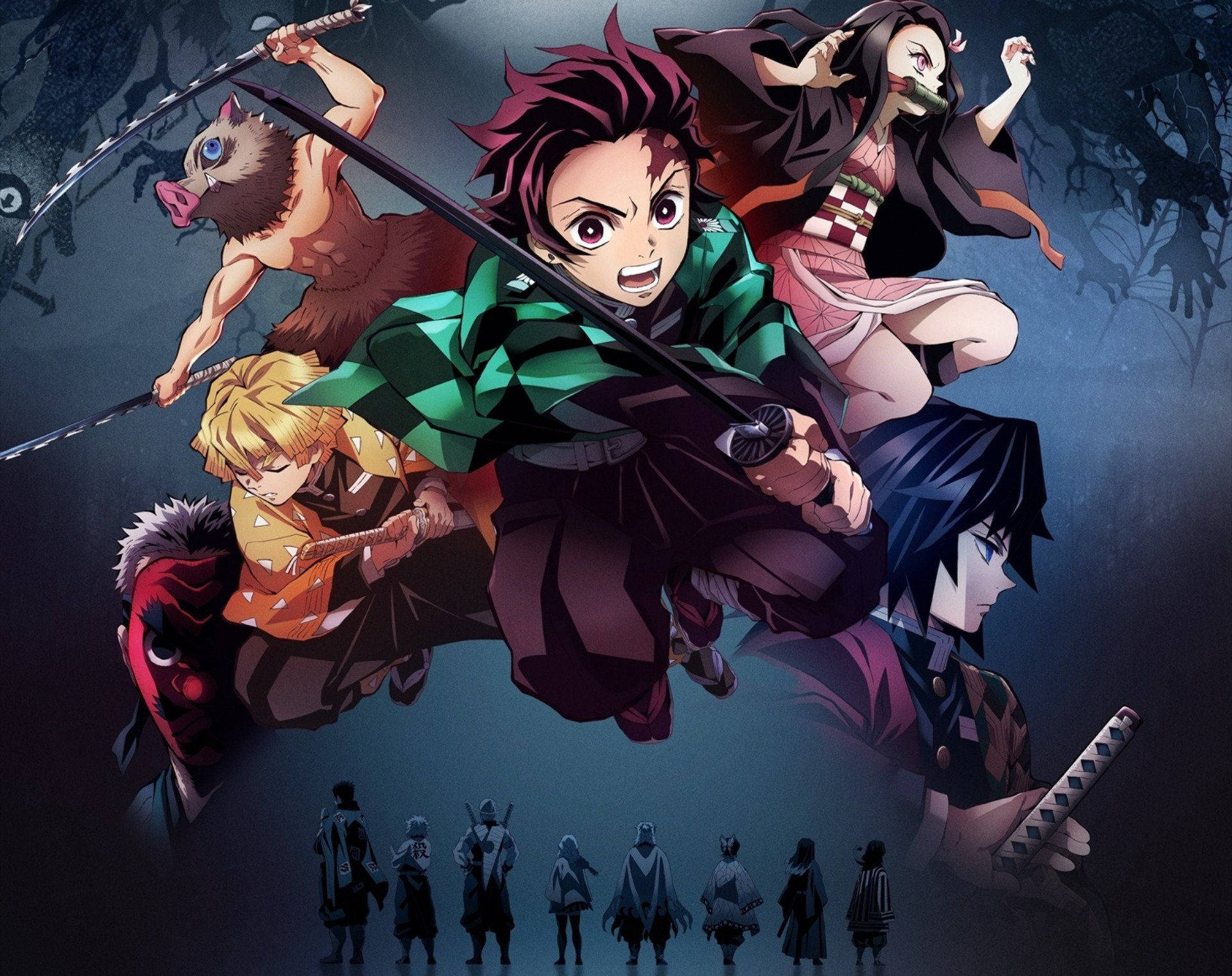 Тапет на Demon Slayer с Танджиро заедно с Недзуко и Хаширите.