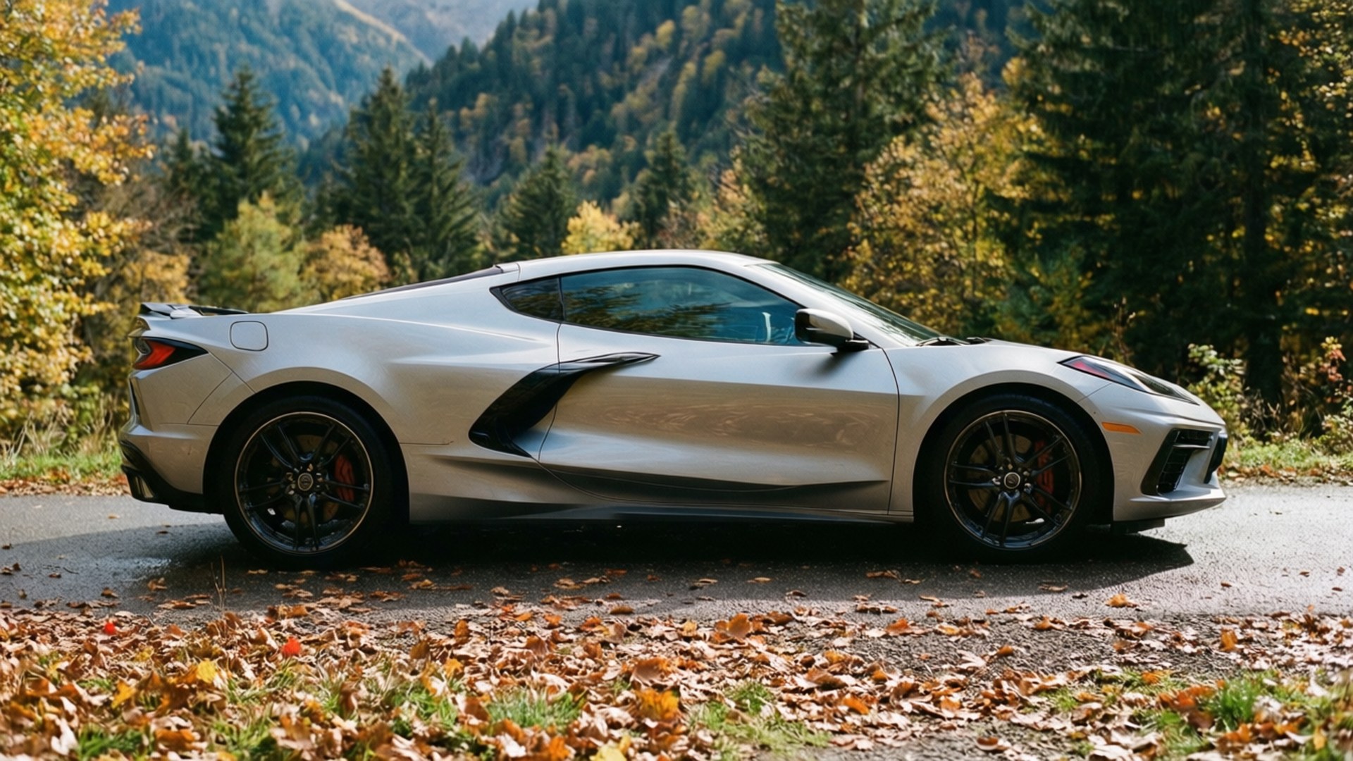 Chevrolet Corvette C8 на планински път в есенна обстановка.