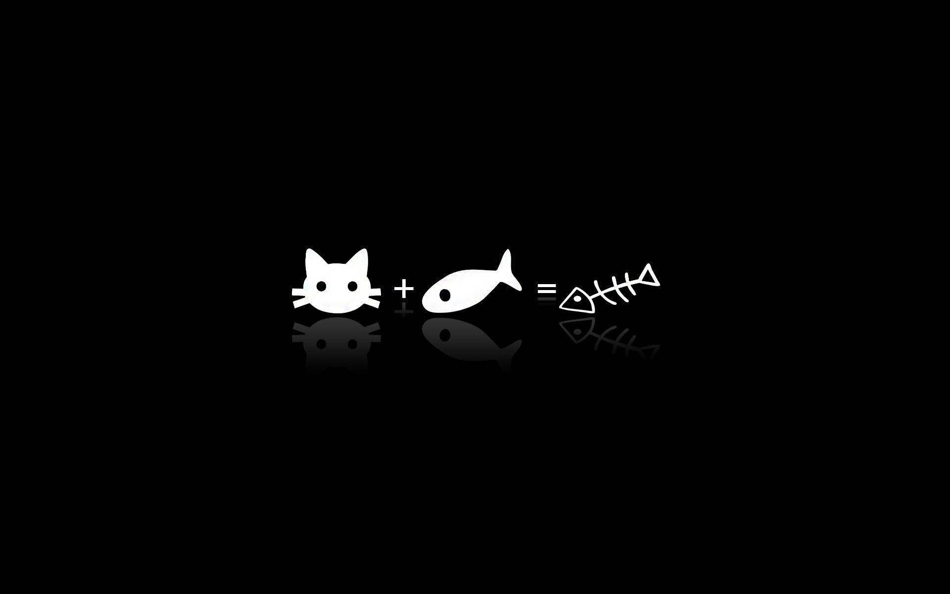 Естетичен черно-бял фон за лаптоп с котка и риба Тапет