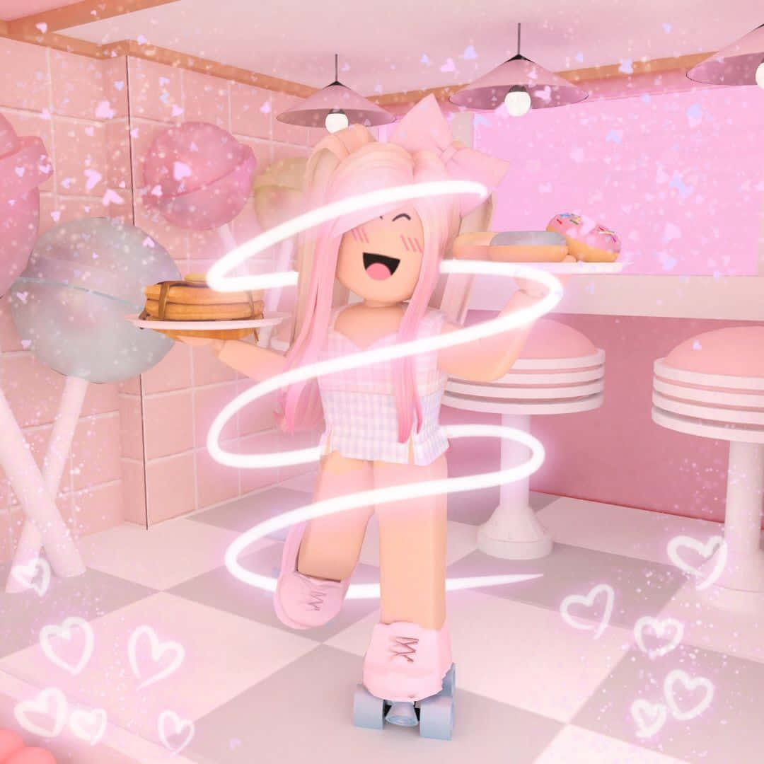 Естетична розова Roblox момиче с палачинки Тапет