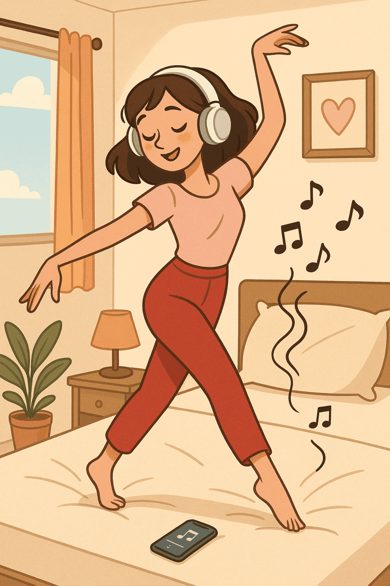 Жена, музикален естетически фон, слушалки, Spotify, танц, фон за спалня, фон с жена, танцуване на музика, сладка естетика