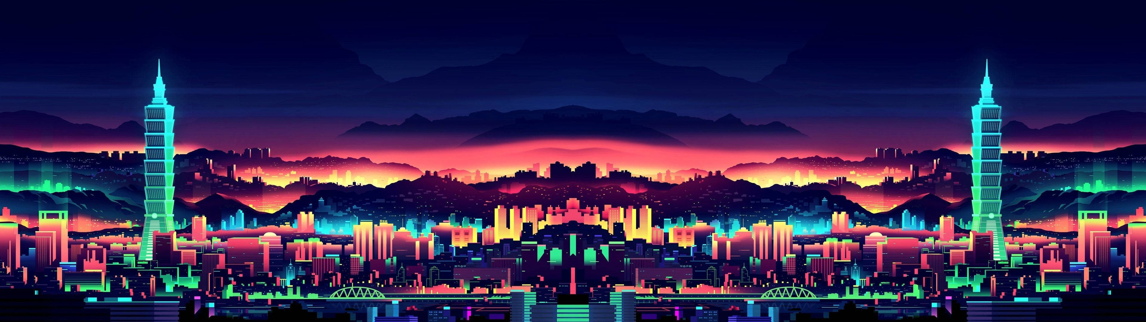 3840x1080 HD градско изкуство за два монитора