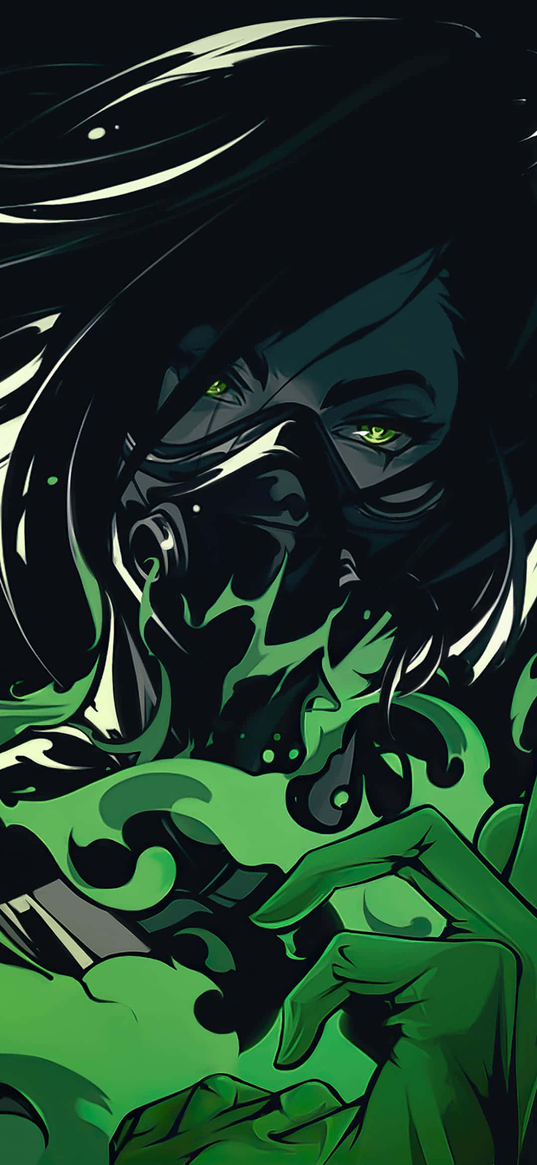 зелена жена с черна коса и маска Тапет