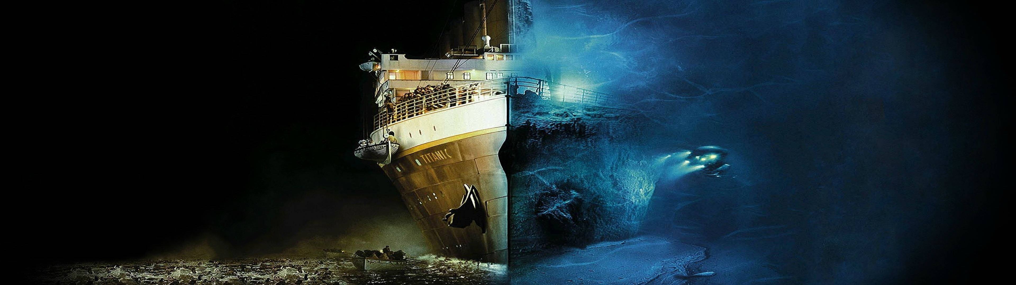 Титаник кораб над и под морето тапет за два монитора