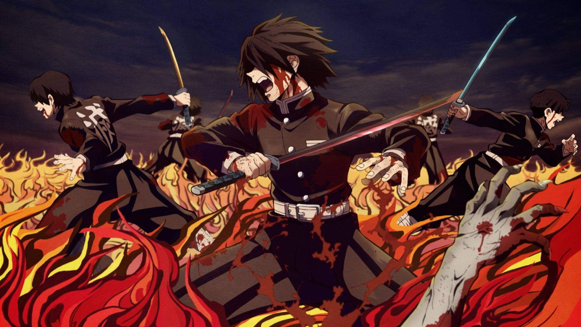 Тапет на Demon Slayer с ловци на демони, които се бият с демони, обградени от пламтящ огън.