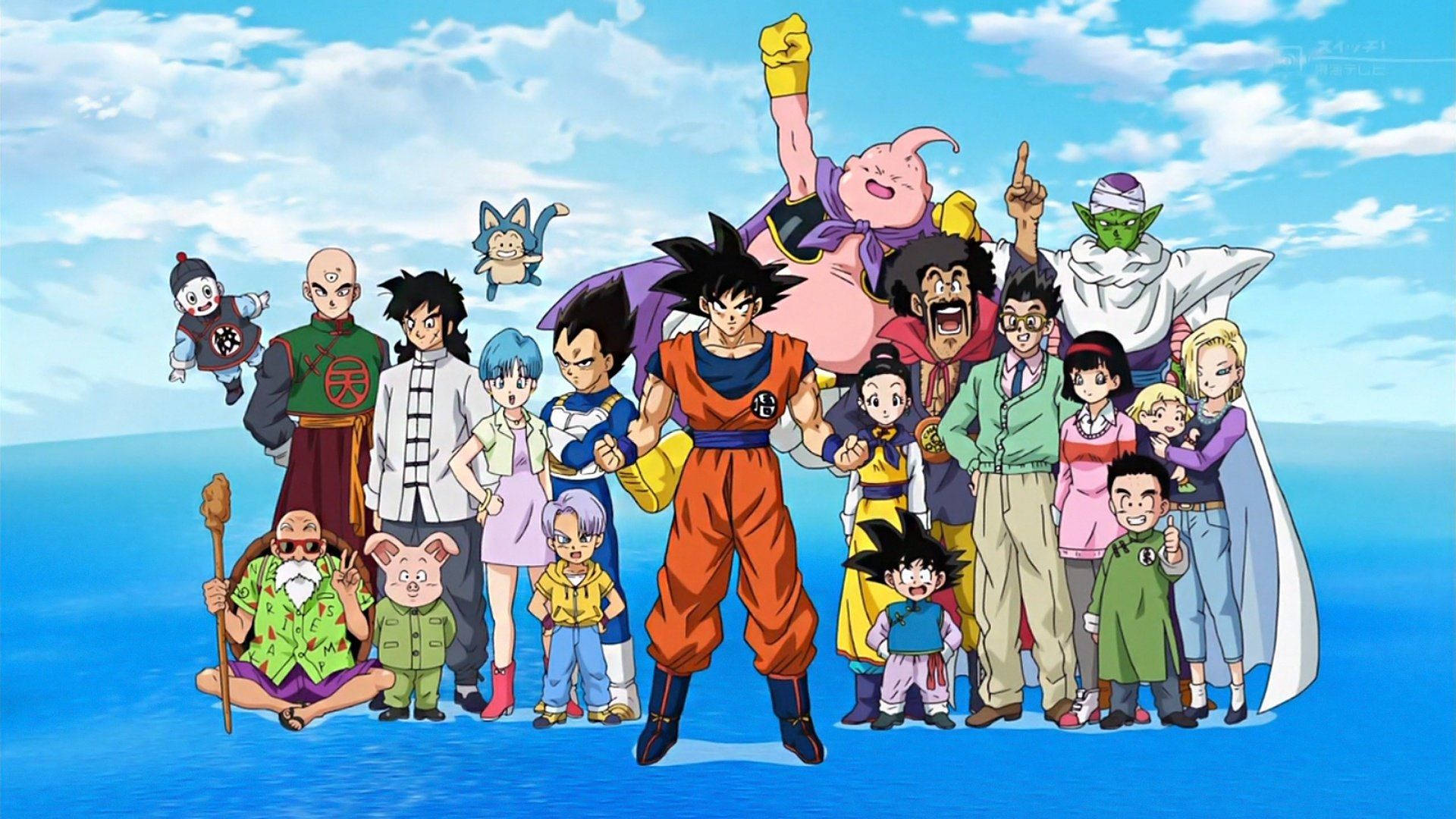 Герои от Dragon Ball Сан Гоку, Вегета, Маджин Буу и Пиколо, стоящи на вода.