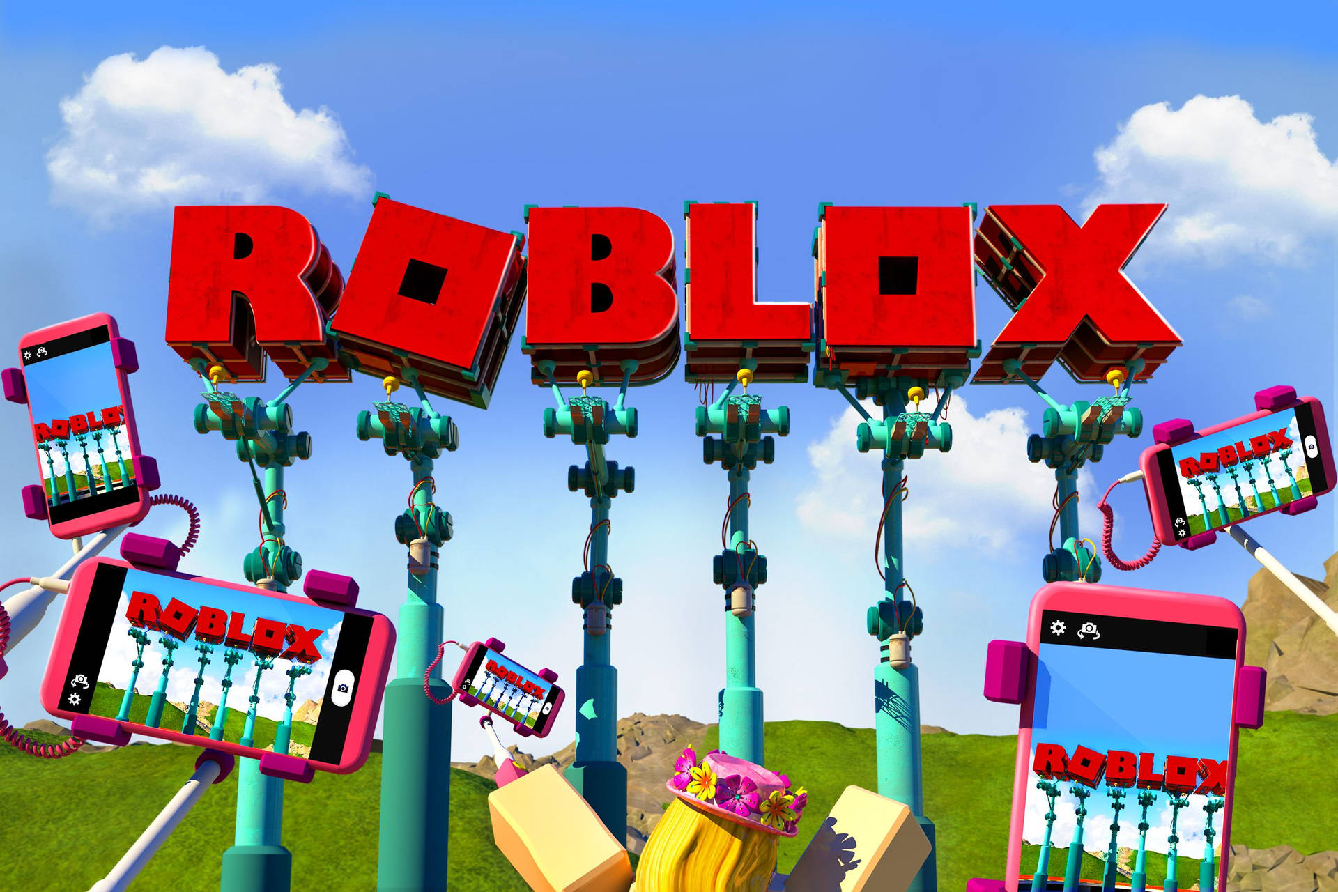Креативен и невероятен дизайн на тапет за корица на видеоиграта Roblox.