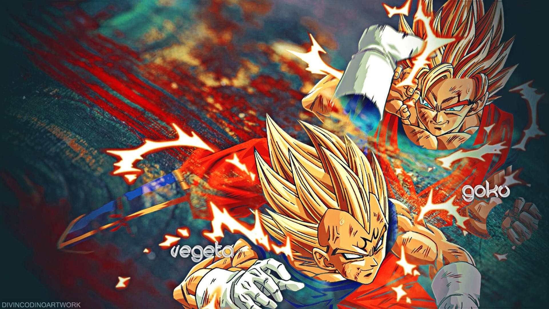 Dragon Ball Z Сан Гоку и Вегета се бият, аниме героите супер сайяни.