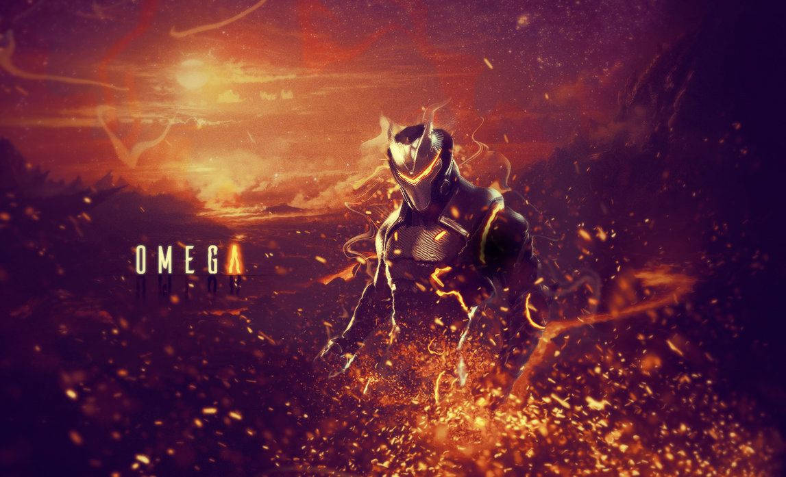 Пламтящ фон от лава и скинът Omega във Fortnite тапет.