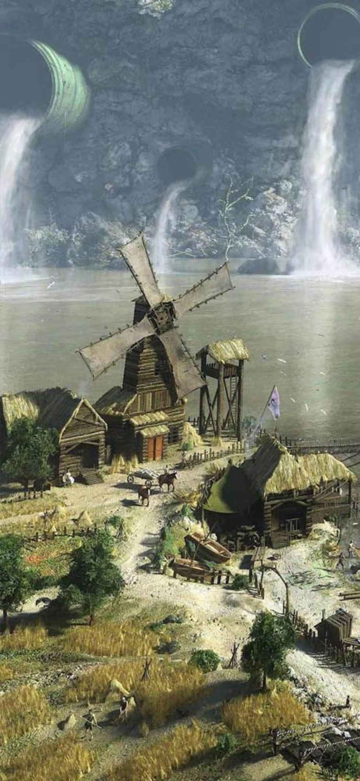 картина на вятряна мелница и водопад Тапет