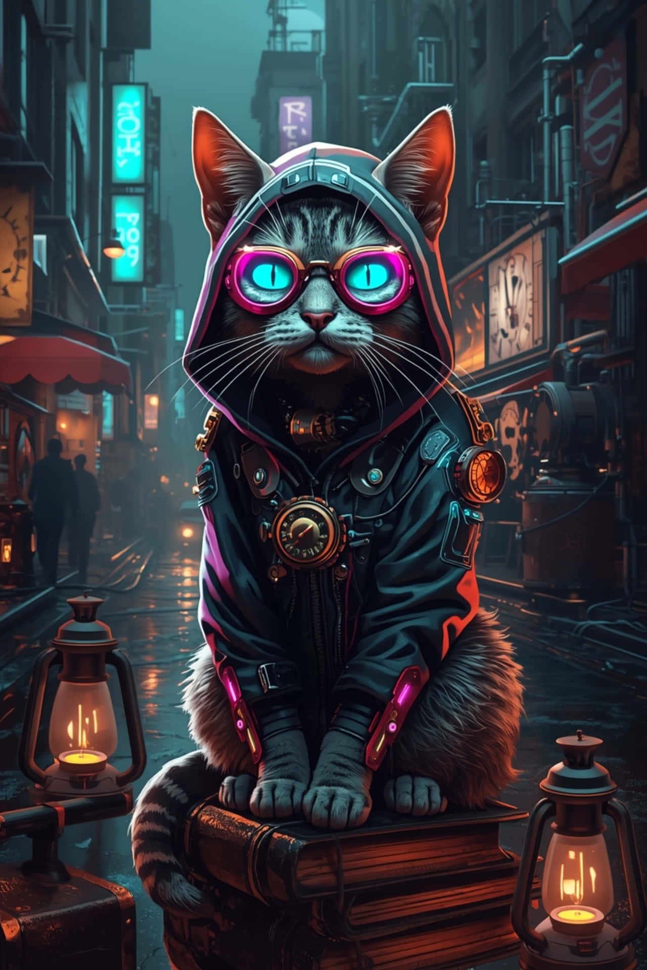суичър,технология,изкуство,футуристично,коте,стиймпънк,неон,очила,котка,киберпънк
