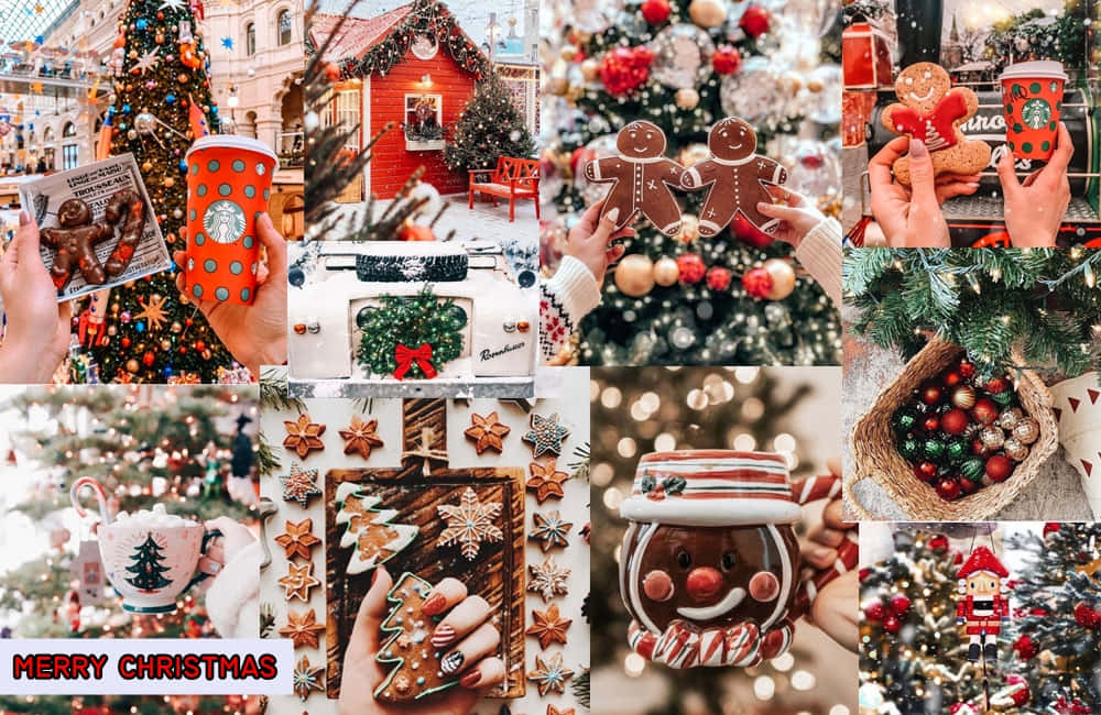 Коледна колажна табла за лаптоп с човече от меденки Тапет