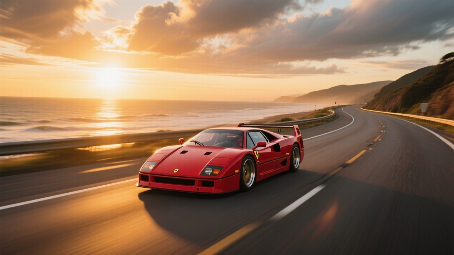 Червено Ferrari F40, което лети по крайбрежна магистрала по залез слънце — Готини коли GIF Тапет