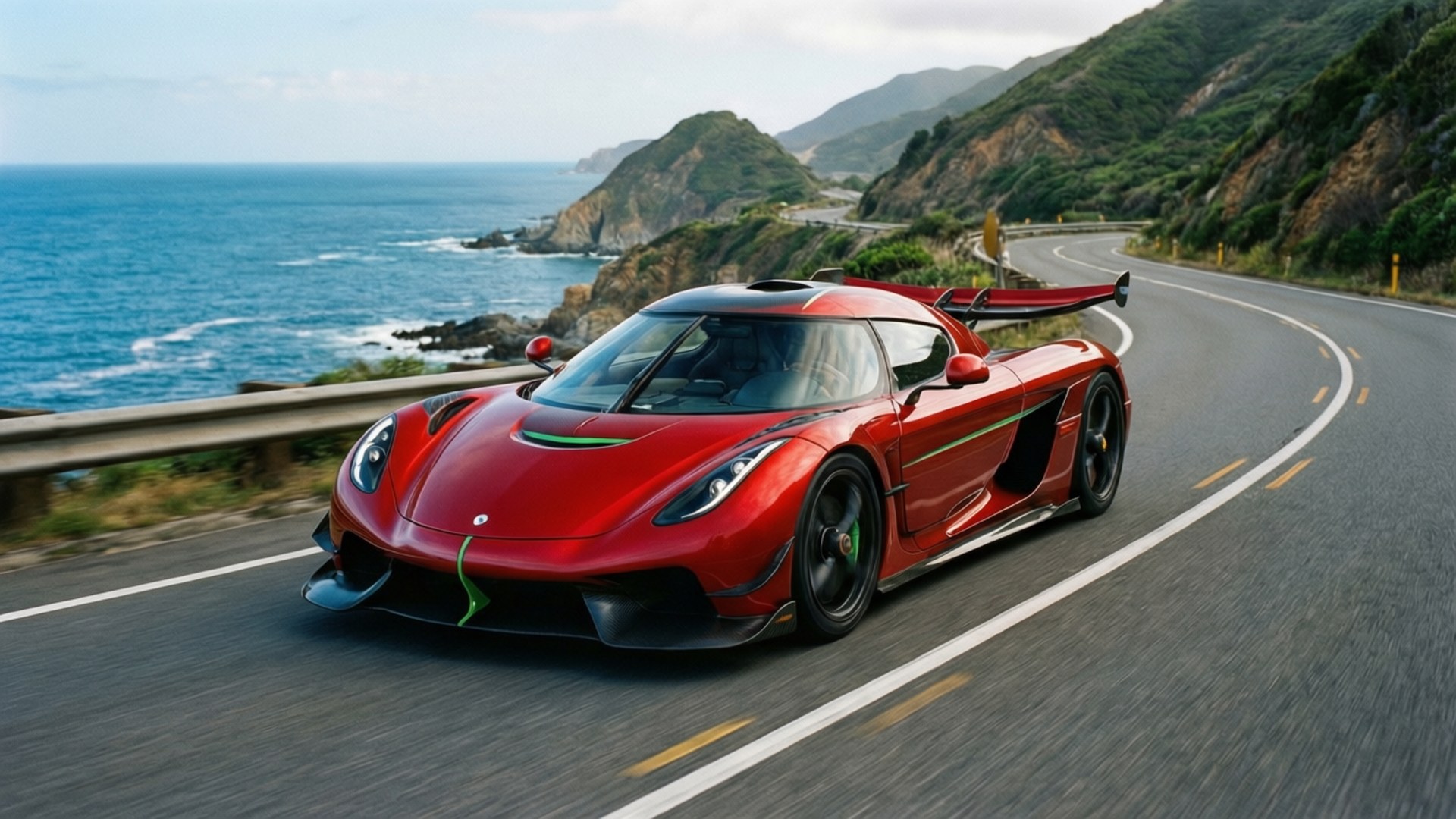 Червен Koenigsegg Regera се вписва в крайбрежен завой с океан и хълмове.