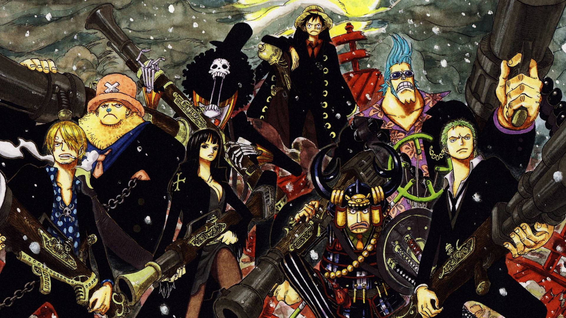 Лъфи и екипажът на Сламената шапка в рисунка с химикал One Piece тапет.