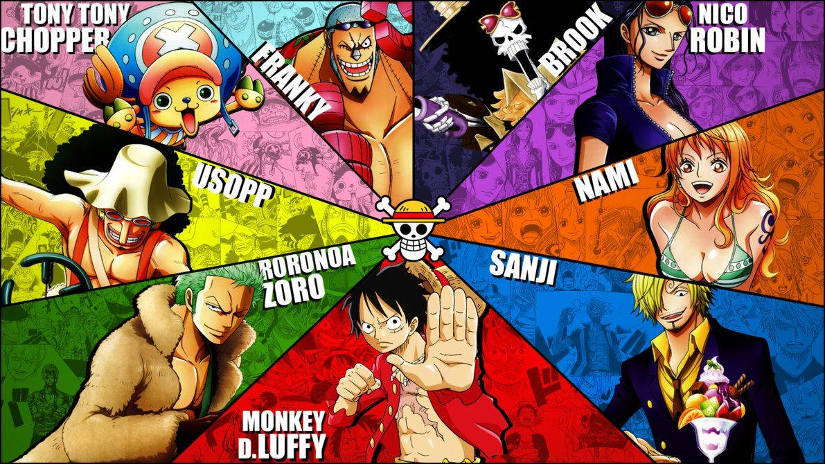Лъфи и останалата част от пиратския екипаж на сламената шапка в One Piece цветен кръг тапет.