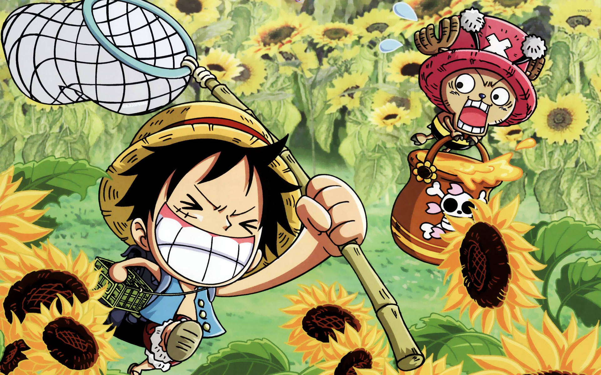 One Piece Лъфи и Чопър в слънчогледово поле тапет.